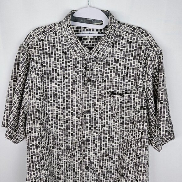 Tommy Bahama Mens Large Silk Shirt Brown Gray White Short Sleeve Button - Picture 2 of 10